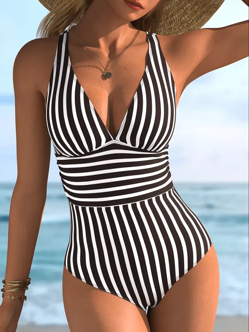 NEW Women’s Black and White Striped V-Neck One-Piece Swimsuit, Swimwear Size XL